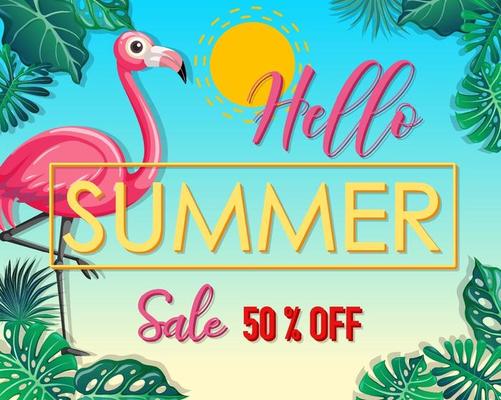 Hello Summer Sale logo with tropical leaves banner