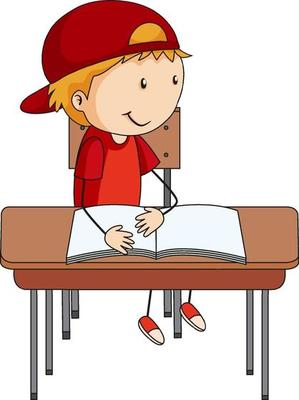 A boy doing homework doodle cartoon character