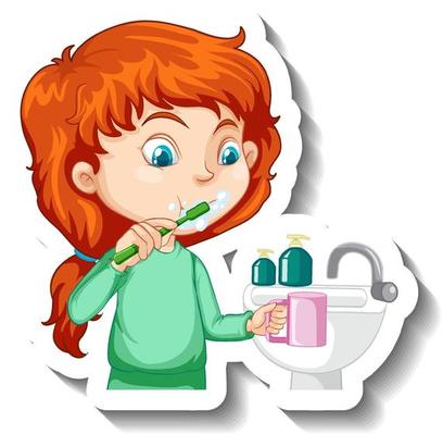 A girl brushing teeth cartoon character sticker