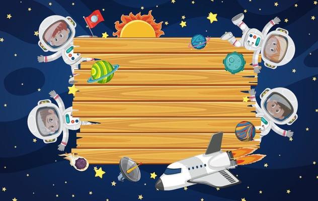 Empty wooden board with astronaut kids cartoon character