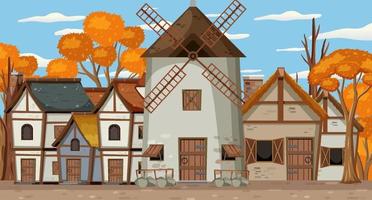Medieval village scene with windmill and houses vector