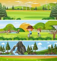 paisaje de naturaleza diferente en la escena diurna con personaje de dibujos animados vector