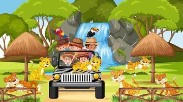 Tour para niños en escena de safari con muchos leopardos. vector