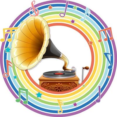 Gramophone in rainbow round frame with melody symbols