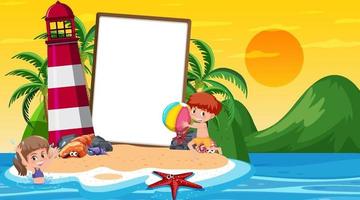 Plantilla de banner vacío con niños de vacaciones en la escena del atardecer en la playa vector