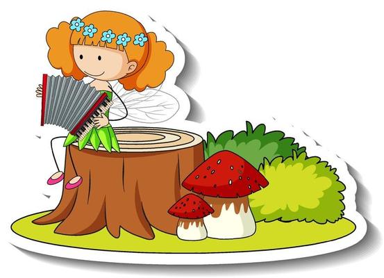 Sticker template with a fairy playing accordion isolated