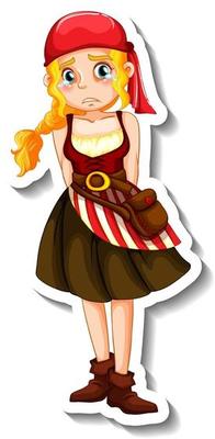 A sticker template with a pirate girl cartoon character isolated