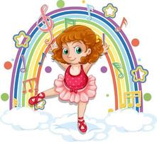 Ballerina dancing on the cloud with melody symbols on rainbow vector