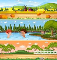 Panoramic nature landscape scene set with cartoon character vector