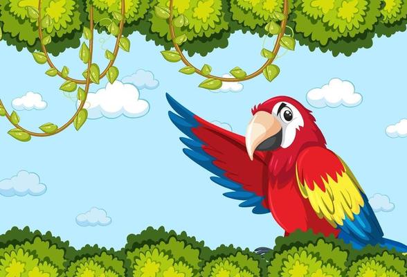 Empty banner with leaves frame and parrot bird cartoon character