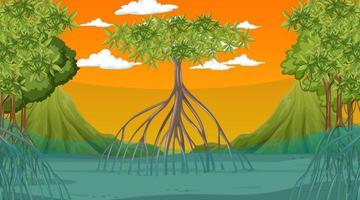 Escena de la naturaleza con bosque de manglares al atardecer en estilo de dibujos animados vector