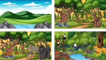 Conjunto de escena horizontal de bosque diferente con varios animales salvajes vector