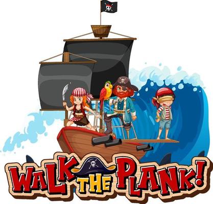 Walk The Plank font banner with pirate cartoon character