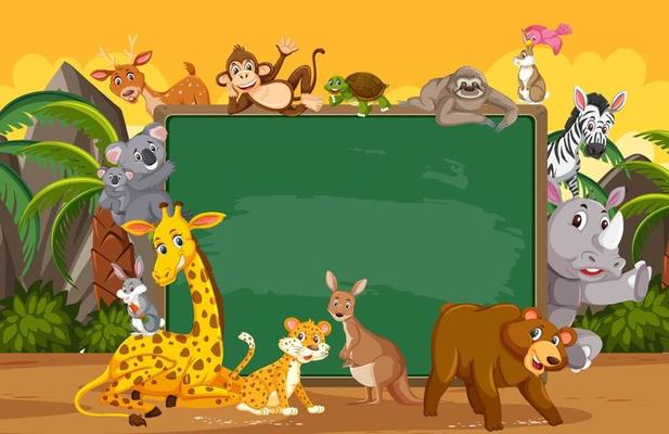 Empty blackboard with various wild animals in the forest