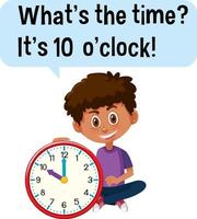 diciendo la hora con un niño sosteniendo un reloj vector