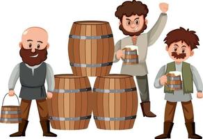 Medieval villagers drink beer with wooden barrels