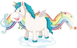 Unicorn standing on the cloud with melody symbols on rainbow wave vector