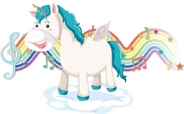 Unicorn standing on the cloud with melody symbols on rainbow wave