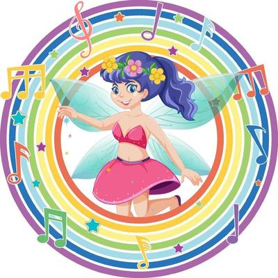 Beautiful fairy in rainbow round frame