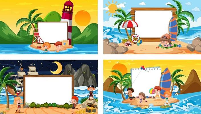 Set of different tropical beach scenes with blank banner