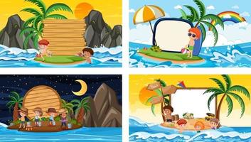 Set of different tropical beach scenes with blank banner vector