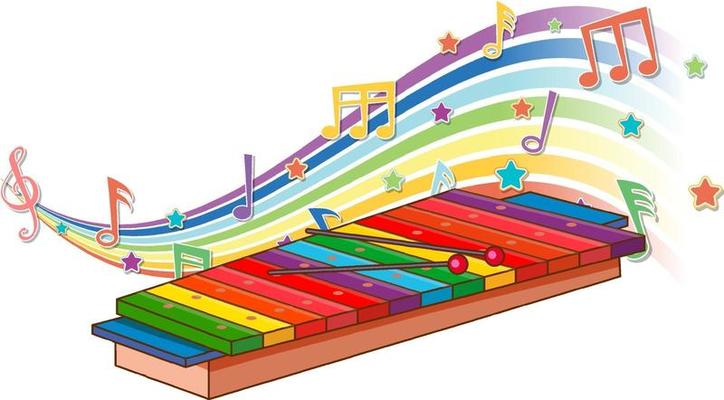 Xylophone with melody symbols on rainbow wave