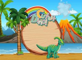 Escena de playa con tablero vacío y lindo personaje de dibujos animados de dinosaurio vector