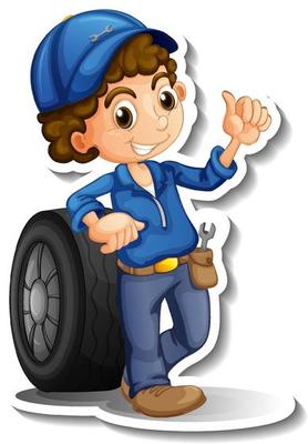 Sticker design with auto mechanic cartoon character