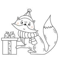 Winter Fox in a scarf and a hat With a gift.  outline vector