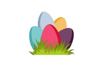 Easter colorful eggs on green grass. Flat vector illustration.