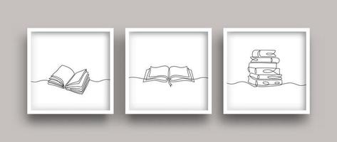 Book one line drawing set. Minimalist continuous hand drawn. vector