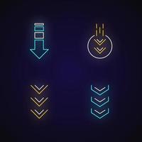 Conjunto de iconos de luz de neón de flechas hacia abajo vector