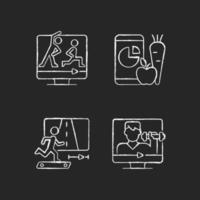 Online fitness coach chalk white icons set on dark background. vector