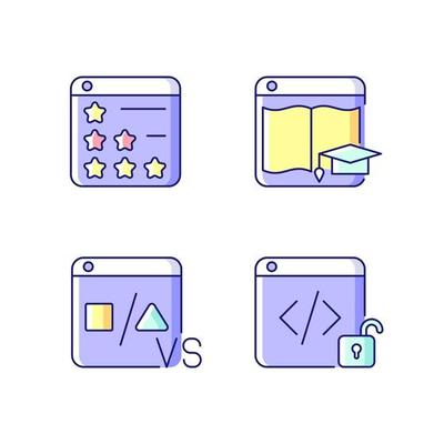 Business online presence RGB color icons set