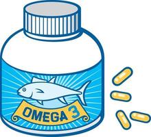 botella de aceite de pescado y omega 3 y pastillas amarillas vector