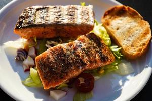 Fresh salmon trout fillet with herbs  spices and salad for bbq photo
