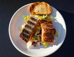 Fresh salmon trout fillet with herbs  spices and salad for bbq photo