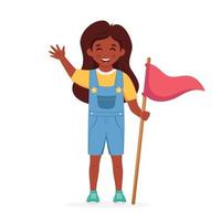chica negra con bandera de campamento. niña exploradora. camping, campamento de verano para niños