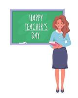 Happy teacher's day. Female teacher in classroom with chalkboard vector