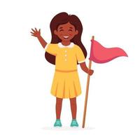 chica negra con bandera de campamento. niña exploradora. camping, campamento de verano para niños vector