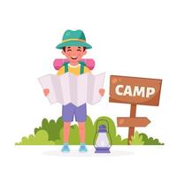 niño explorador con mapa, mochila. camping, campamento de verano para niños
