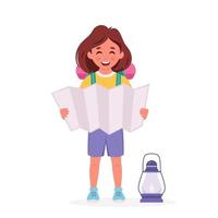 niña exploradora con mochila y mapa. camping, campamento de verano para niños.