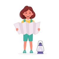 niña exploradora con mapa, mochila. camping, campamento de verano para niños