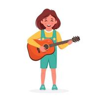 Little girl playing guitar. Child playing musical instrument vector