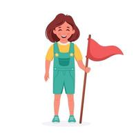 niña con bandera. niña exploradora. camping, campamento de verano para niños vector