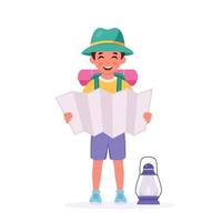 niño explorador con mapa, mochila. camping, campamento de verano para niños. vector