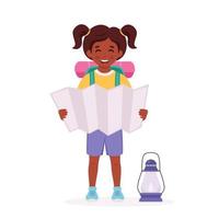 niña exploradora negra con mapa, mochila. camping, campamento de verano para niños vector