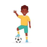 niño negro jugando al fútbol. actividad al aire libre para niños vector