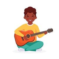 Little black boy playing guitar. Child playing musical instrument. vector