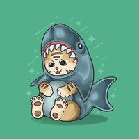 cute little cat wear shark costume illustration vector grunge
